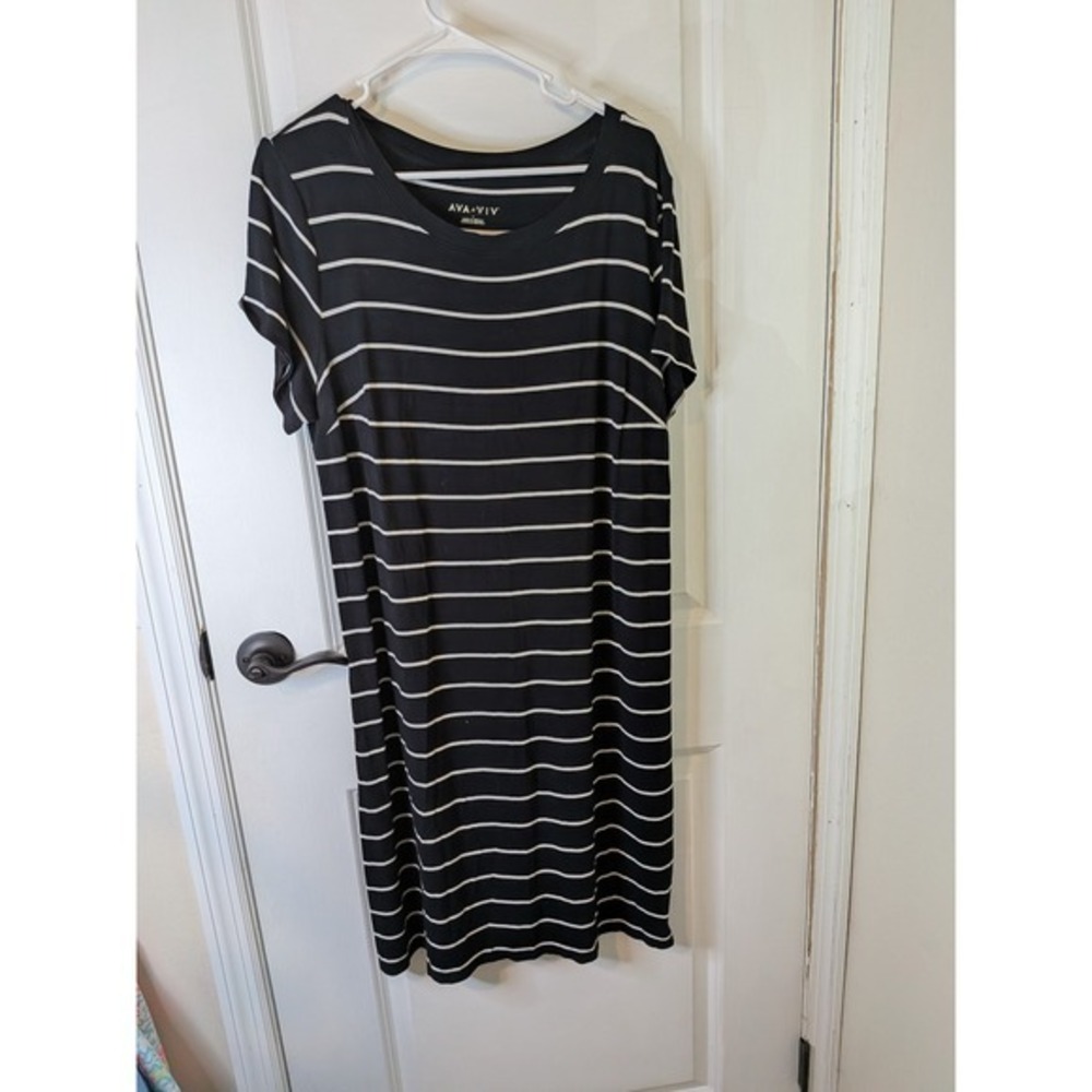 Ava & Viv Womens Plus Size X Black White Striped Short Sleeve T-Shirt Midi Dress